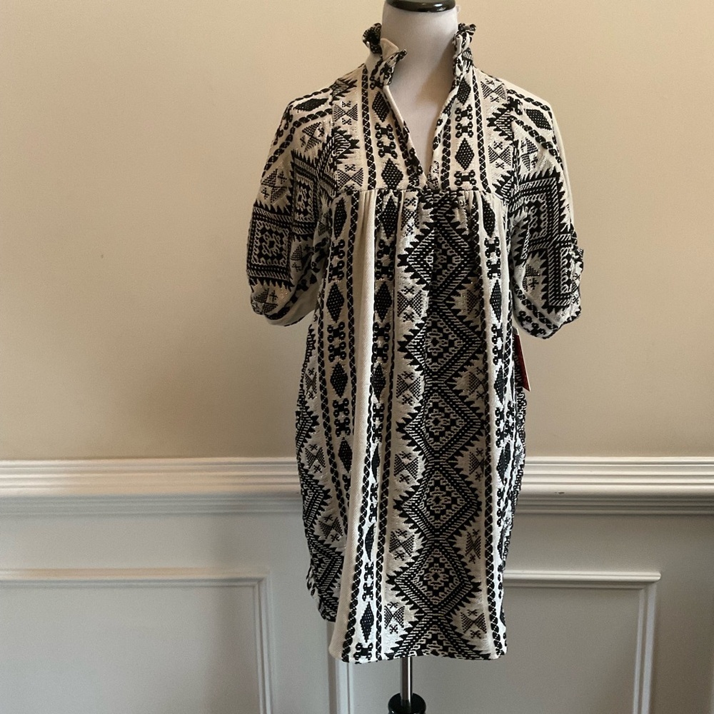 Never A Wallflower XS Black Ivory Aztec High Neck Puff Sleeve Dress Pockets